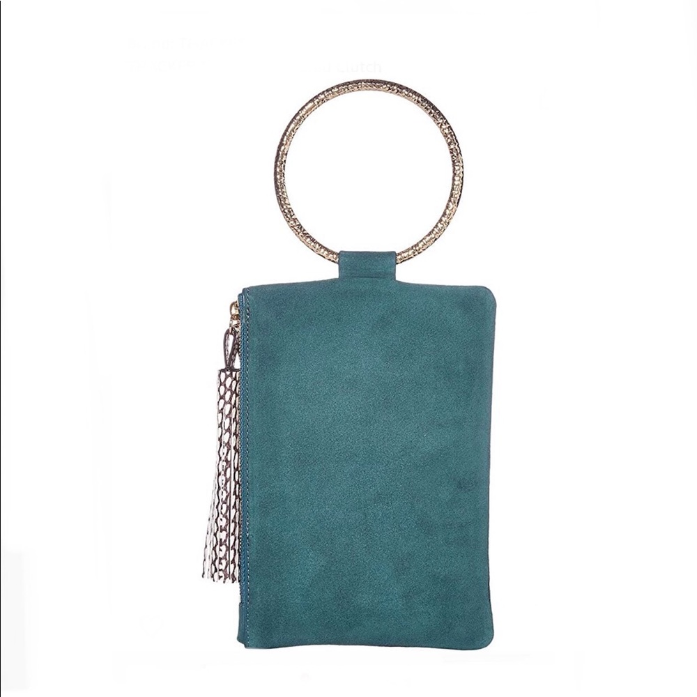THACKER Goldtone ring handle Hammered Clutch